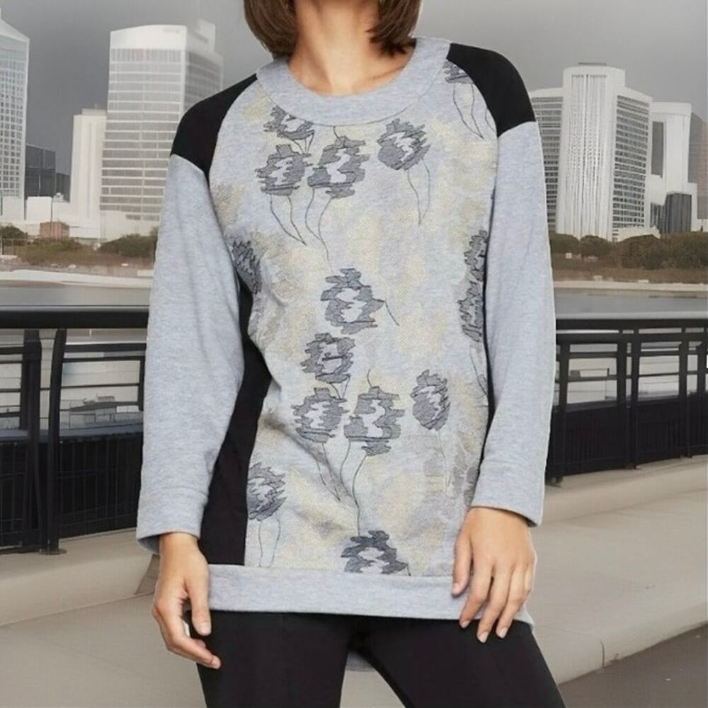 NWT BCBGMAXAZRIA Embroidered Tunic Sweatshirt French Terry Medium Heather Gray